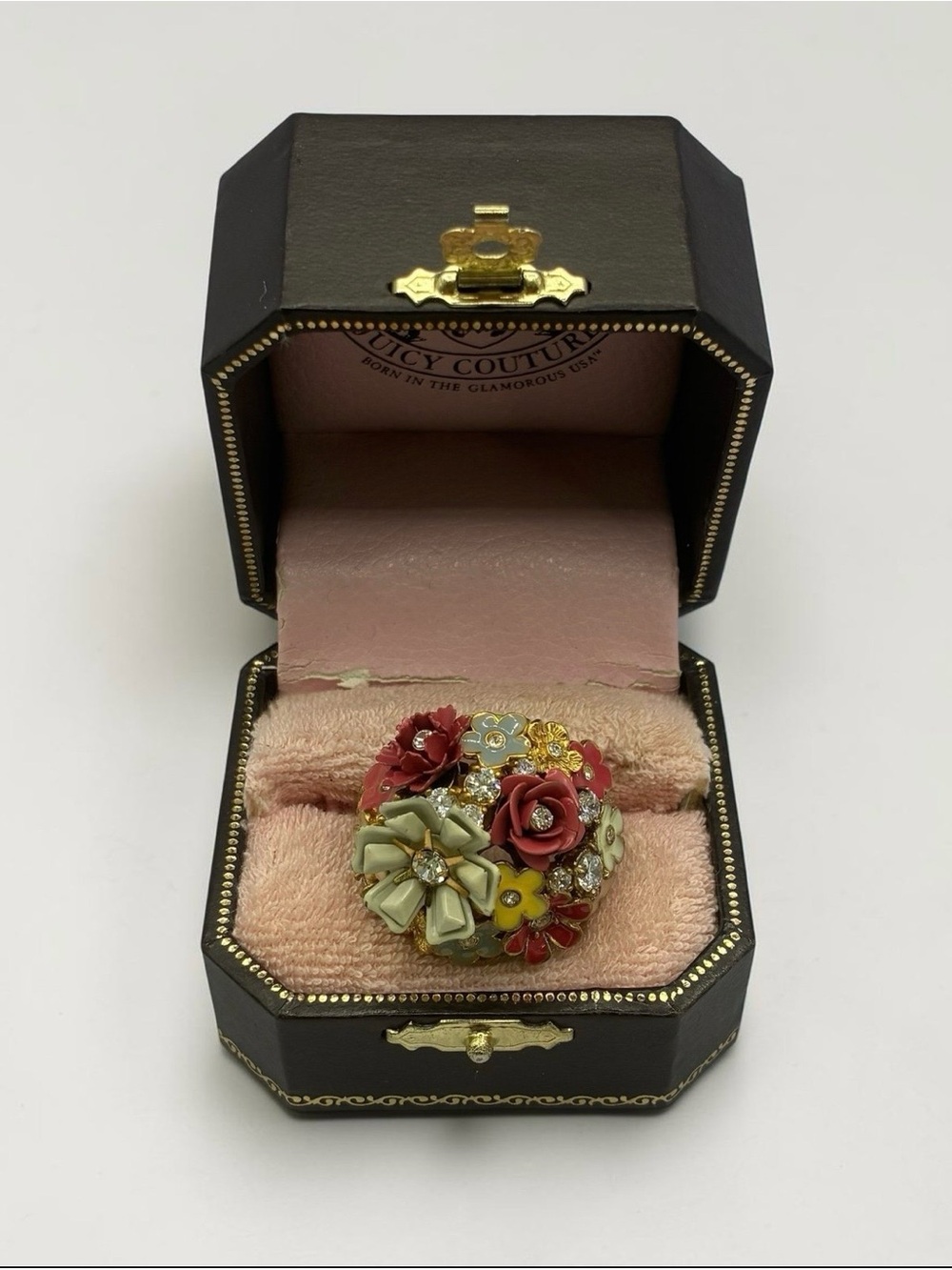 Vintage Juicy Couture Enamel Floral Bouquet Statement Ring Size 7.5 w/Box